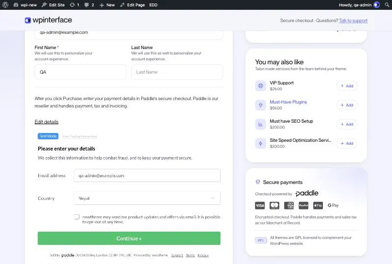 Paddle payment form embedded inside the Easy Digital Downloads checkout page