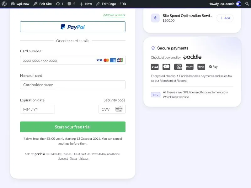 Paddle payment step showing a free trial followed by a yearly price