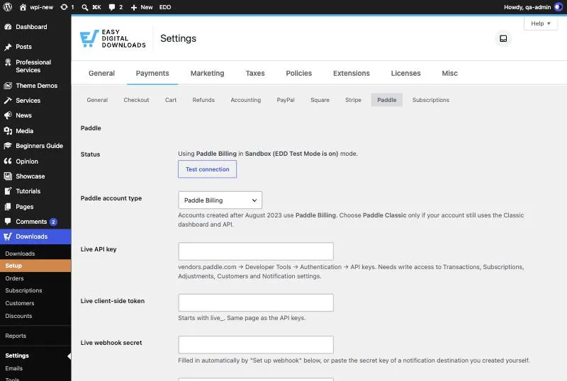 Paddle Billing settings with API key and client-side token fields