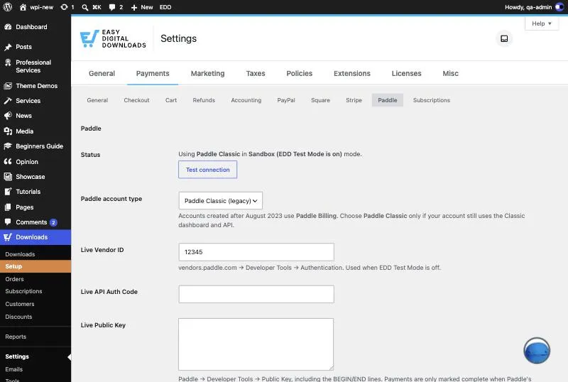 Paddle Classic settings with Vendor ID, API Auth Code and public key fields