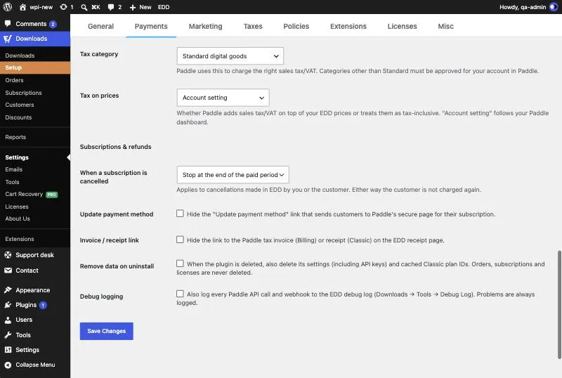 Paddle subscription and refund settings in Easy Digital Downloads
