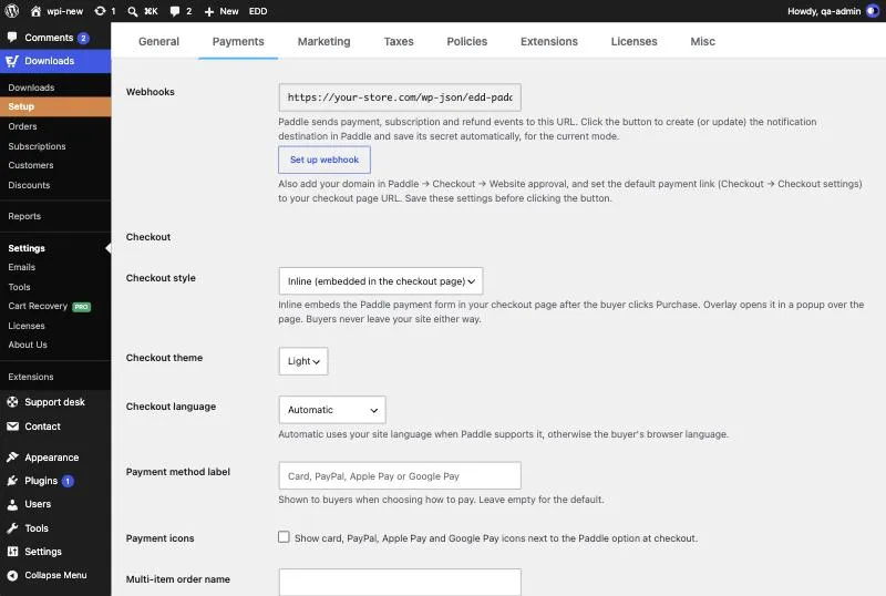 Paddle settings in Easy Digital Downloads showing the webhook URL, Set up webhook button and checkout options