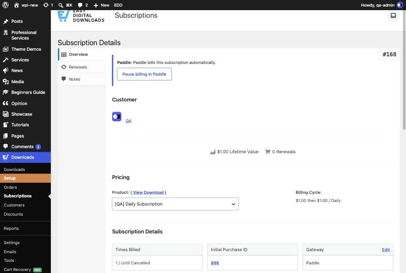 Pause billing in Paddle button on an EDD subscription screen
