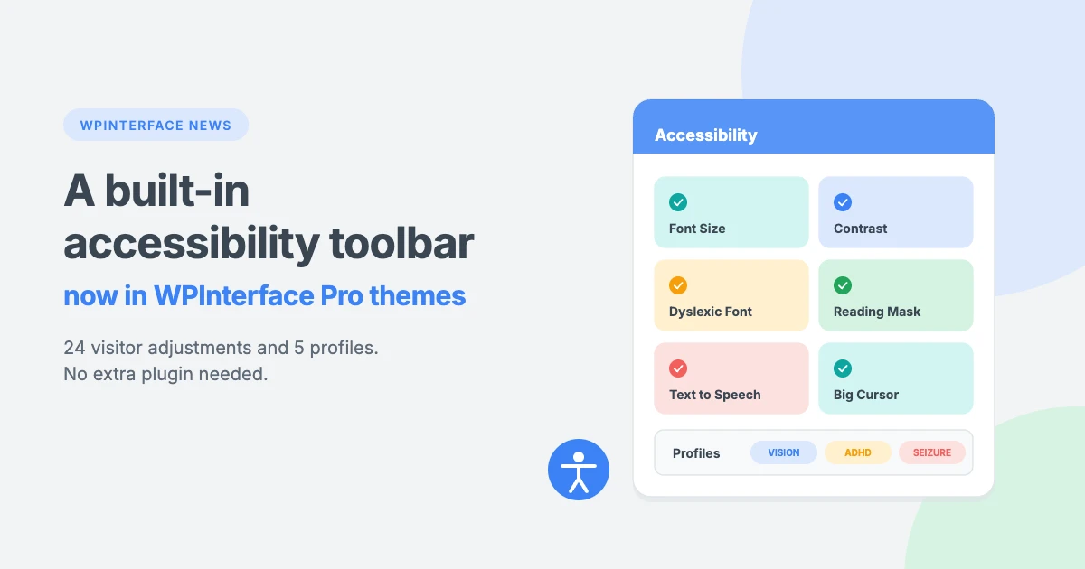 WPInterface Pro themes now include a built-in accessibility toolbar with 24 visitor adjustments and 5 profiles