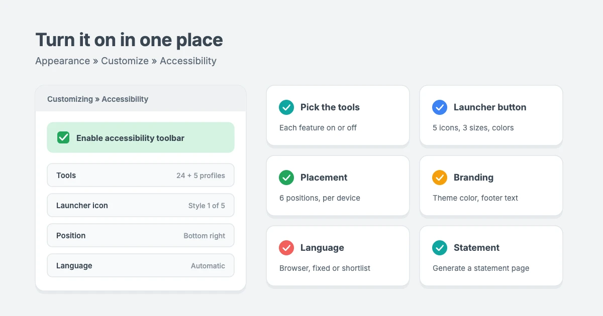 How to turn on the WPInterface accessibility toolbar: go to Appearance, Customize, Accessibility, tick Enable, then choose the tools, launcher button, placement, branding and language