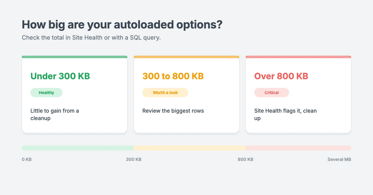 How to read your WordPress autoloaded options size: under about 300 KB is healthy, 300 to 800 KB is worth a review, and over 800 KB triggers a Site Health critical warning