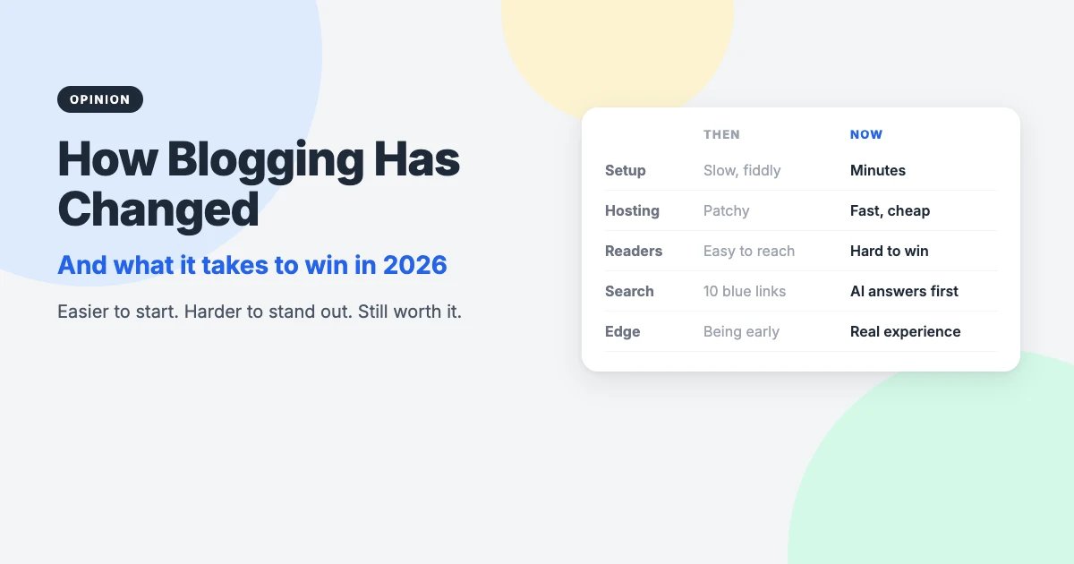 How blogging has changed and what it takes to win in 2026: then and now comparison of setup, hosting, readers, search and the edge bloggers need