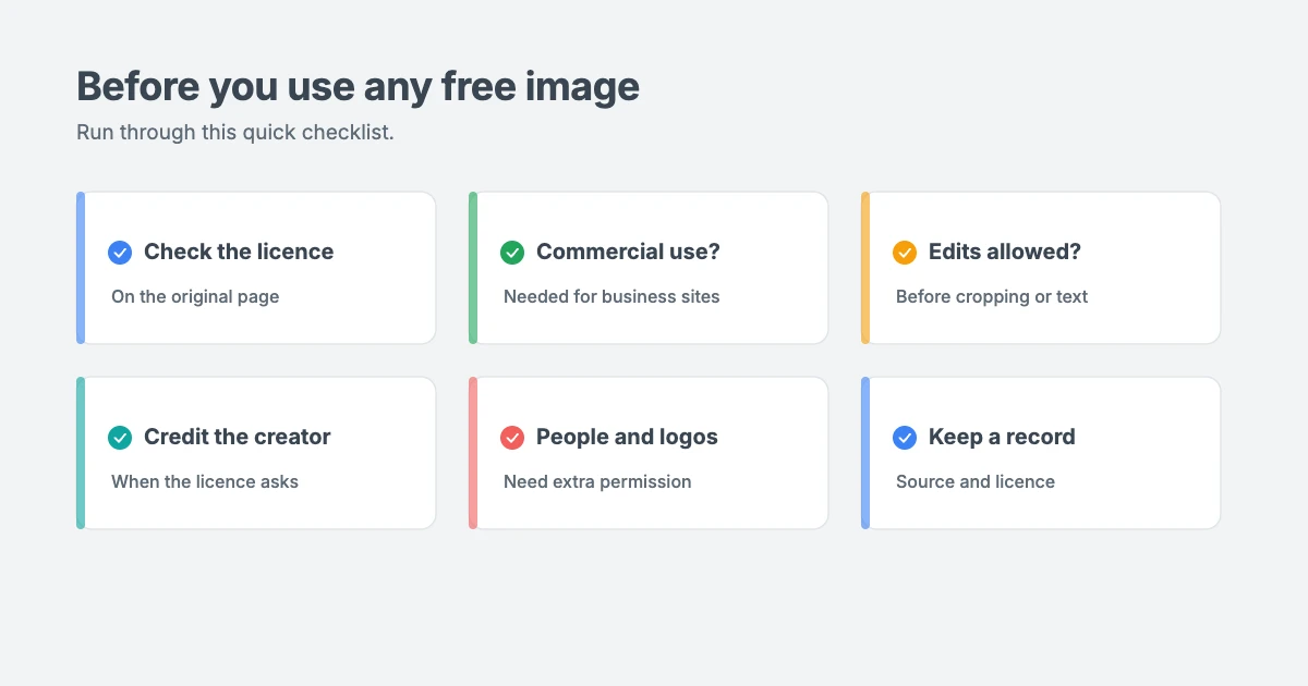 Checklist before using a Creative Commons image: check the licence on the original page, confirm commercial use, check whether edits are allowed, credit the creator, avoid recognisable people and logos, and keep a record