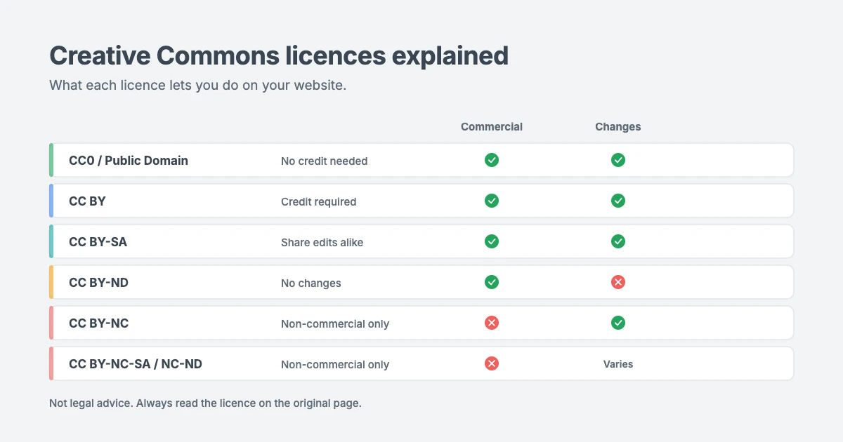 Creative Commons licences explained: CC0 and Public Domain Mark need no credit, CC BY and CC BY-SA allow commercial use with credit, ND licences forbid changes and NC licences forbid commercial use