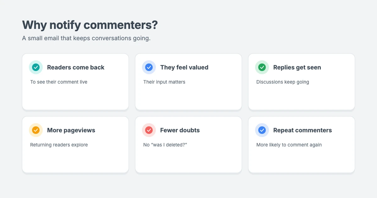 Benefits of a WordPress comment approval notification: readers come back, feel valued, keep discussions going and explore more of your posts