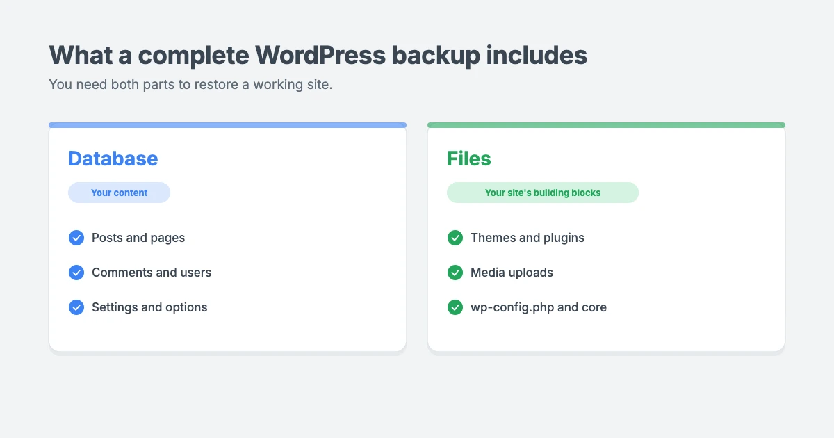 What a complete WordPress backup includes: the database with posts, pages, users and settings, and the files with themes, plugins, uploads and wp-config.php