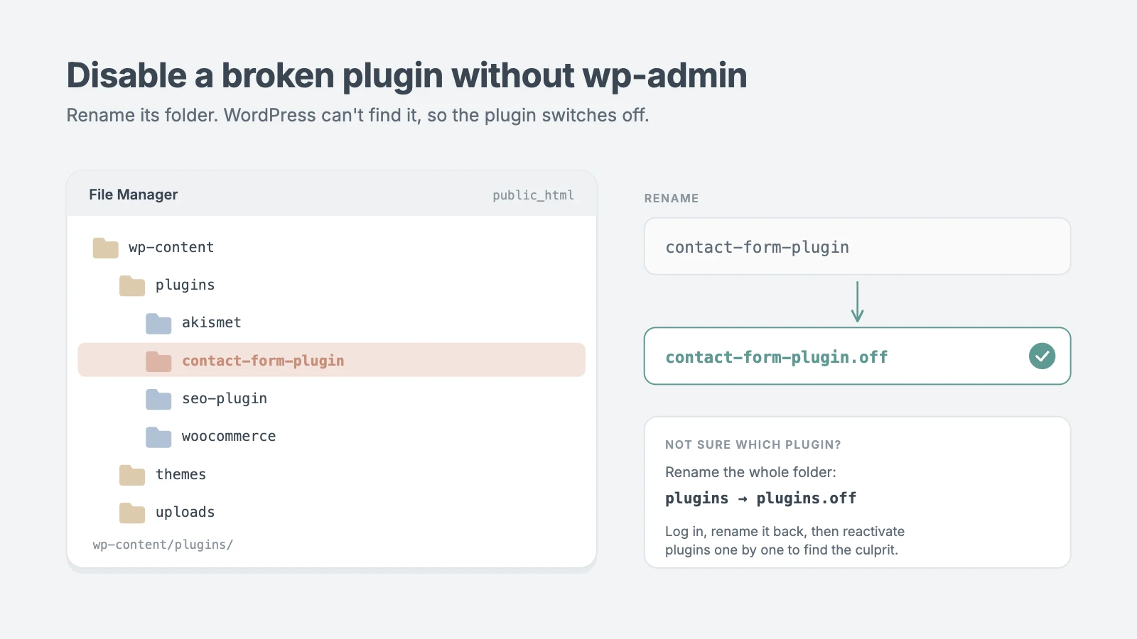 Disable a broken WordPress plugin by renaming its folder in wp-content/plugins via File Manager or FTP