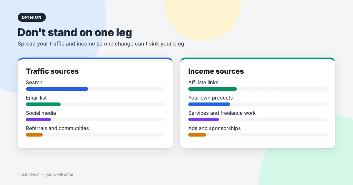 Diversified blog traffic sources and income sources so one algorithm or platform change cannot sink your blog