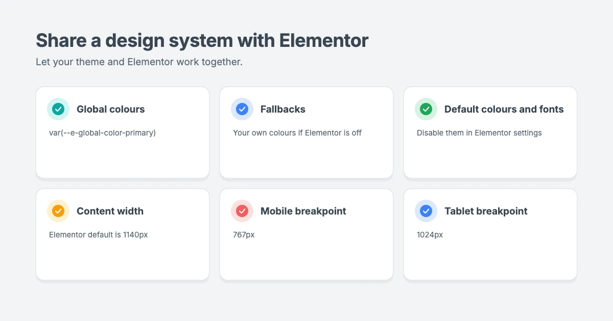 How to share a design system between your theme and Elementor: use --e-global-color variables with fallbacks, disable Elementor's default colors and fonts, and match the 1140px content width and 767px and 1024px breakpoints