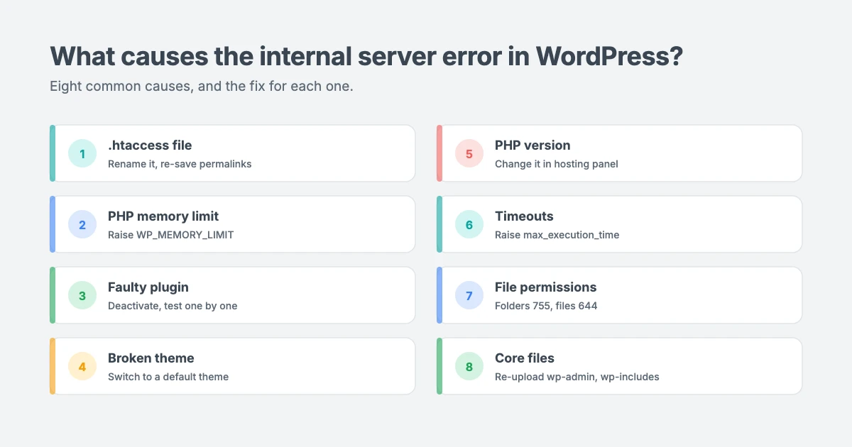 Common causes of the internal server error in WordPress and how to fix each one: .htaccess, PHP memory, plugins, theme, PHP version, timeouts, file permissions and core files