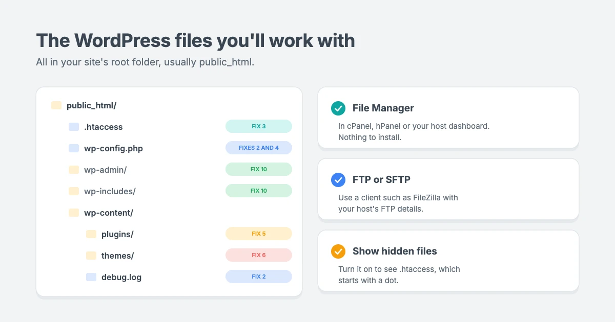 WordPress files you'll work with to fix the internal server error: .htaccess, wp-config.php, wp-content/plugins, wp-content/themes and wp-content/debug.log in the site's root folder