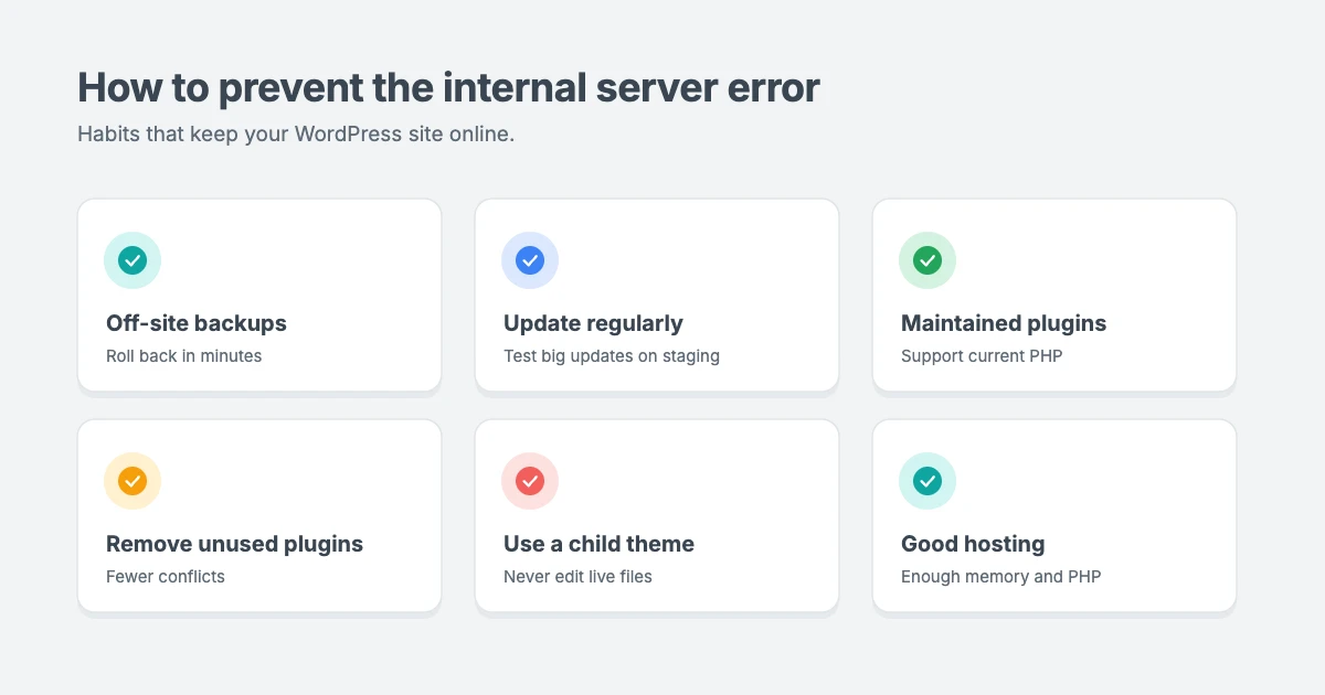 How to prevent the internal server error in WordPress: off-site backups, regular updates with staging, maintained plugins, remove unused plugins, use a child theme, good hosting and uptime monitoring