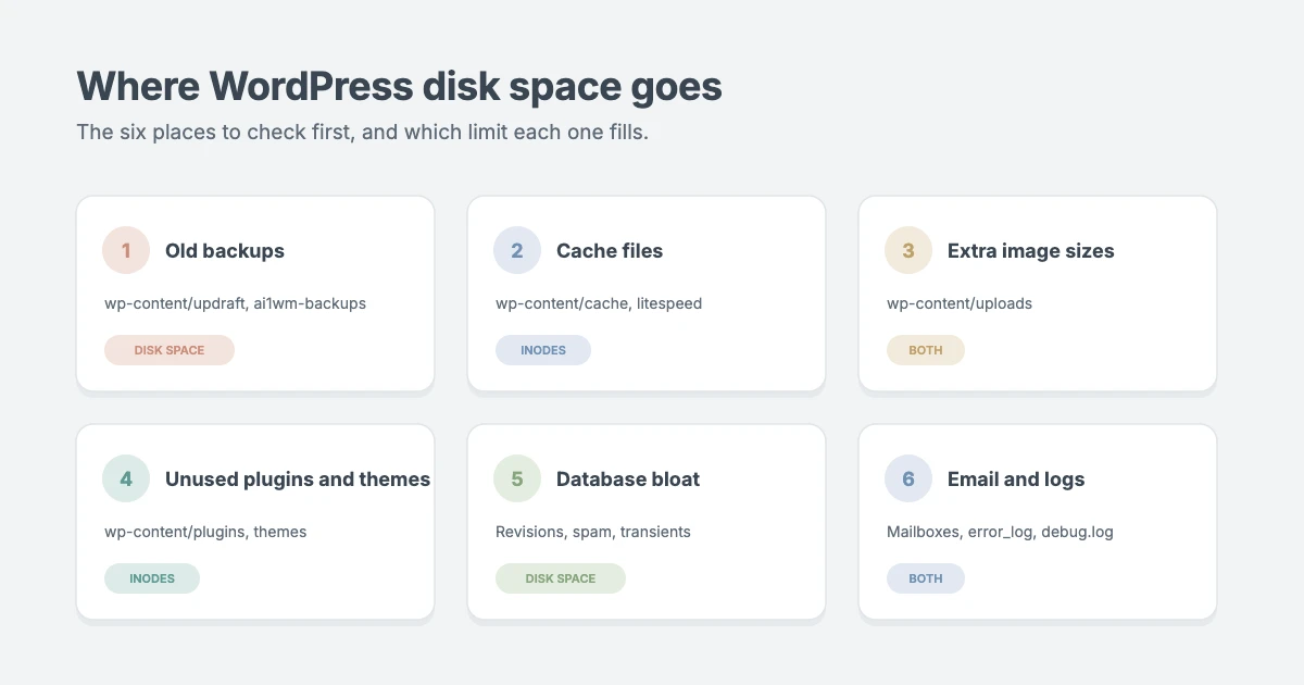 Where WordPress disk space goes: old backups, cache files, extra image sizes, unused plugins and themes, database bloat, email and logs