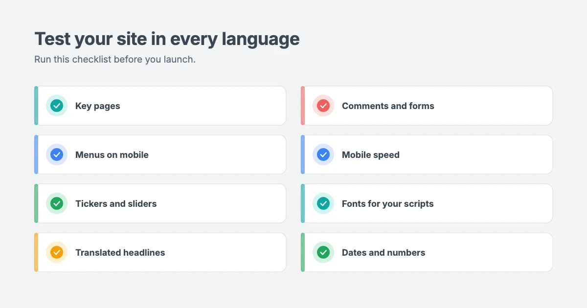 Multilingual news website checklist: test key pages, menus on mobile, tickers and sliders, translated headlines, forms and mobile speed in every language