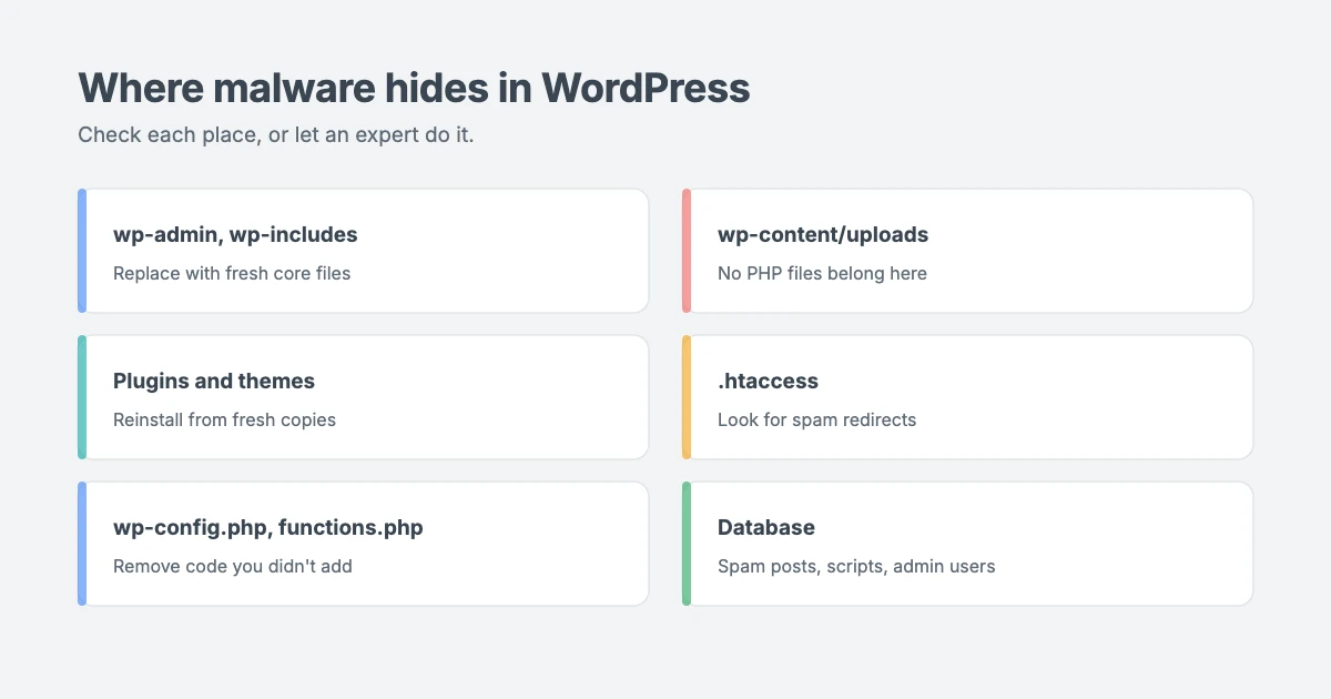 Where malware hides in a hacked WordPress site: wp-admin and wp-includes core files, wp-content uploads, plugins and themes, .htaccess, wp-config.php, functions.php, and the database
