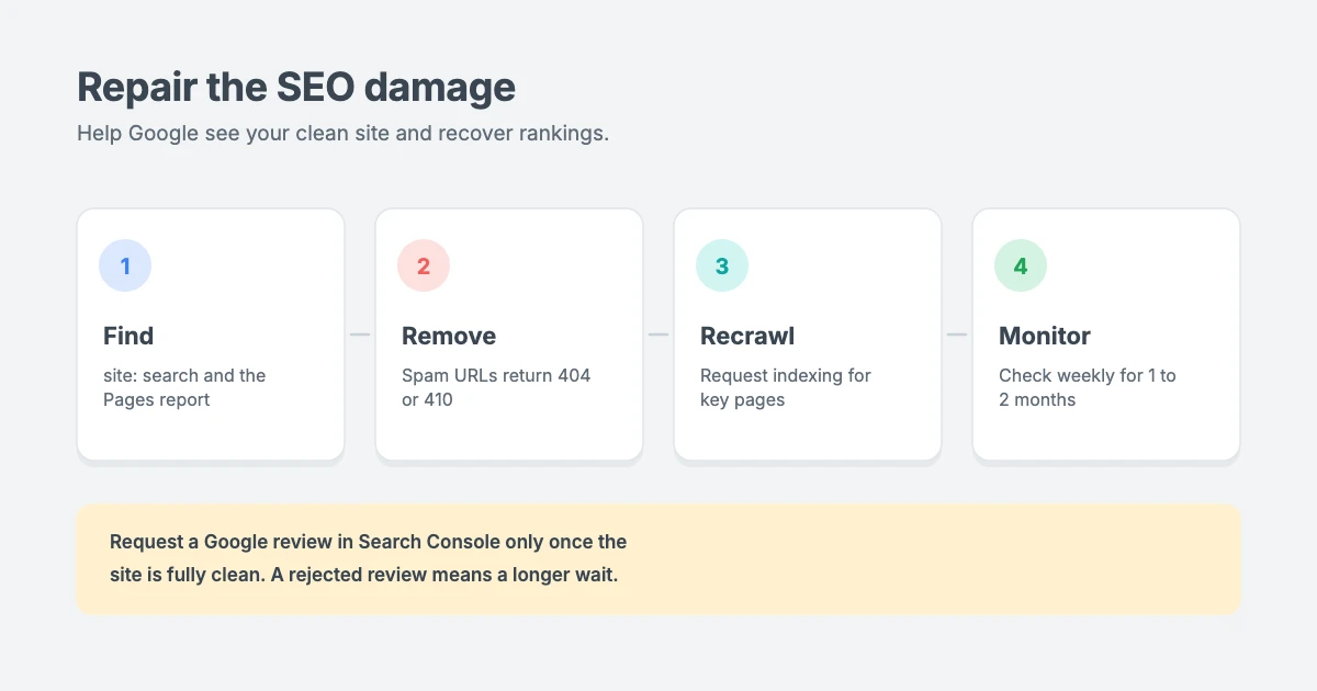 SEO cleanup after a WordPress hack: find spam URLs with a site search and the Pages report, delete them so they return 404 or 410, request indexing for key pages, and monitor weekly for one to two months