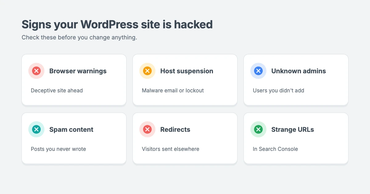 Signs your WordPress site has been hacked: browser warnings, a host suspension, unknown admin users, spam posts, redirects to other sites and strange URLs in Search Console