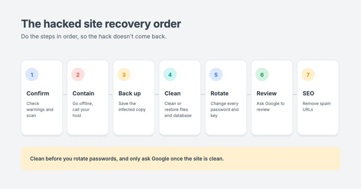 WordPress site hacked recovery checklist in 7 steps: confirm the hack, contain the damage, back up the infected site, clean or restore, rotate every credential, request a Google review, and clean up SEO