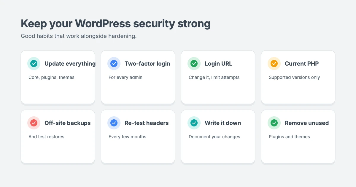 WordPress security checklist after hardening: keep everything updated, use two-factor login, change the login URL, keep PHP current, take off-site backups, re-test regularly and document your changes