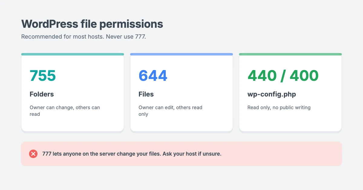File permissions to harden WordPress security: 755 for folders, 644 for files, and 440 or 400 for wp-config.php