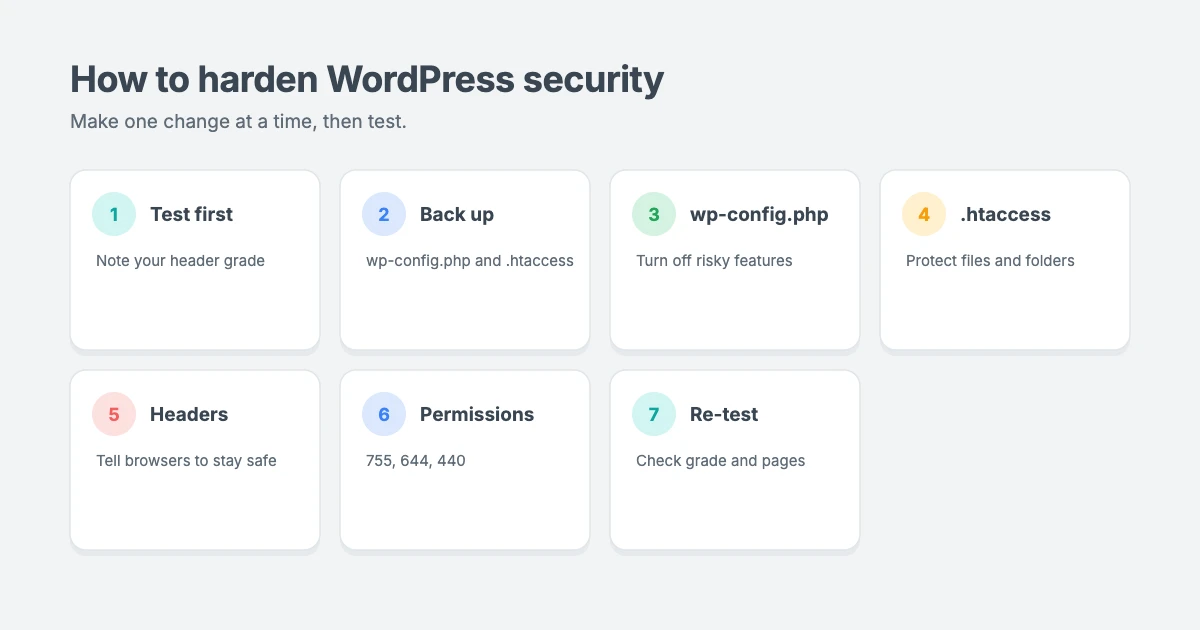 How to harden WordPress security manually: test your site, back up, add wp-config.php settings, protect files with .htaccess, add security headers, set file permissions and re-test