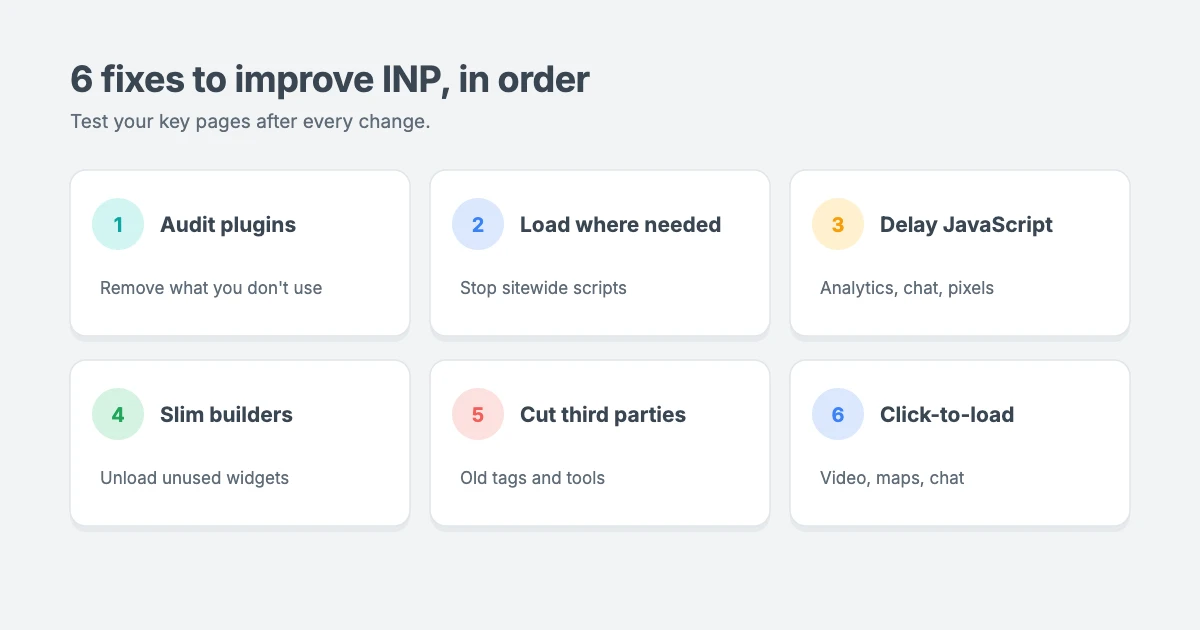How to improve INP in WordPress in order: audit your plugins, load scripts only where needed, delay non-critical JavaScript, slim down page builders and sliders, cut third-party tags, and use click-to-load embeds