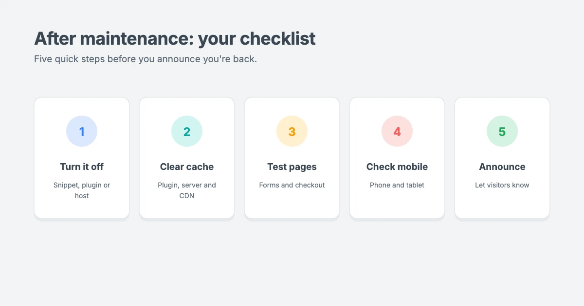 Checklist after WordPress maintenance: turn off maintenance mode, clear every cache, test key pages and forms, check on mobile and let visitors know you're back