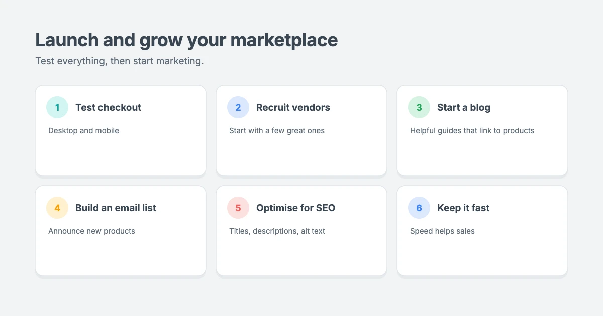 How to launch and grow a WordPress digital product marketplace: test checkout, recruit quality vendors, start a blog, build an email list, optimise for SEO and keep your site fast