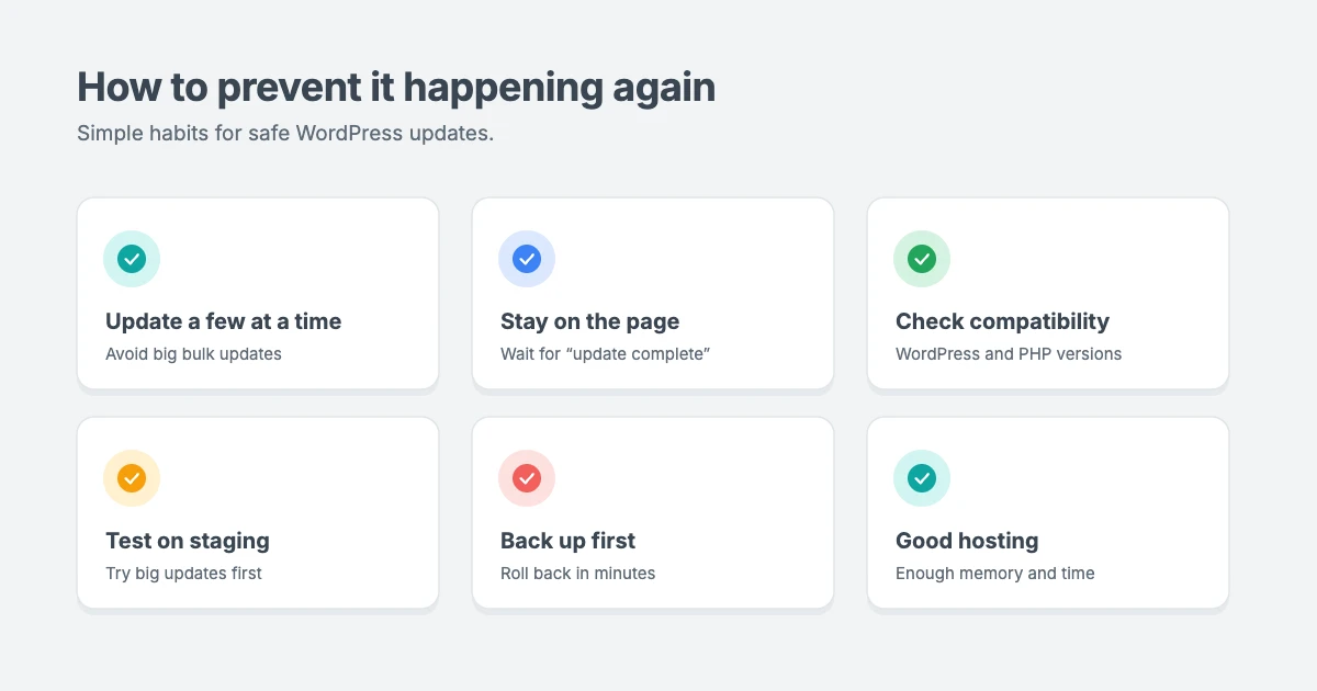 How to prevent WordPress getting stuck in maintenance mode: update a few plugins at a time, stay on the page, check compatibility, test on staging, back up first and use good hosting
