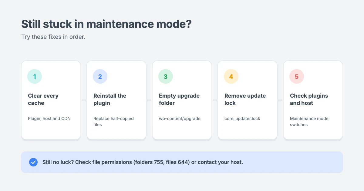 If WordPress is still stuck in maintenance mode: clear every cache, reinstall the plugin that failed, empty the wp-content/upgrade folder, remove a stuck update lock, and check for a maintenance plugin or host setting