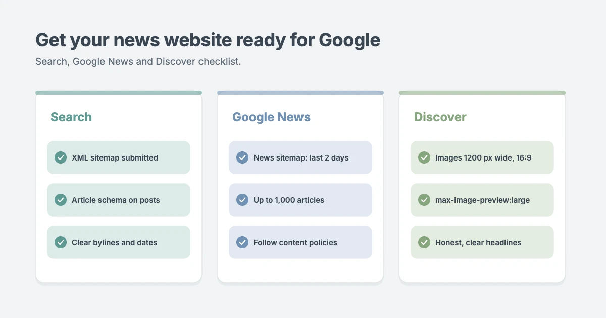 News website SEO checklist for Google: XML sitemap, news sitemap, article schema, large image previews, Google News policies and Discover images