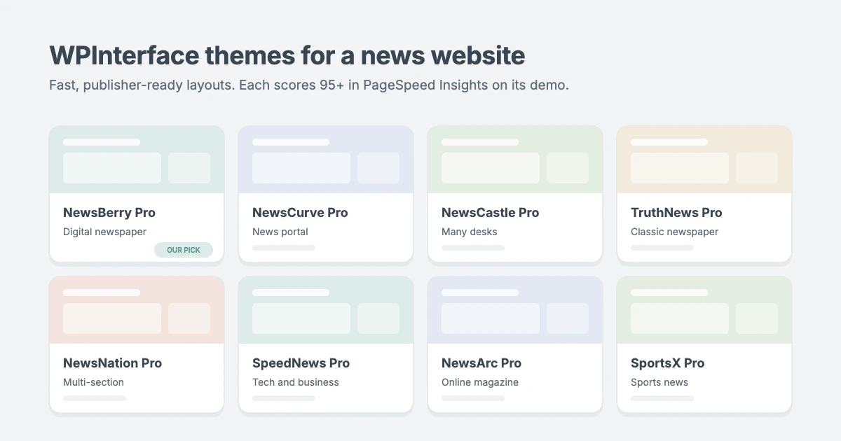 WPInterface themes for a news website: NewsBerry Pro, NewsCurve Pro, NewsCastle Pro, TruthNews Pro, NewsNation Pro, SpeedNews Pro, NewsArc Pro and SportsX Pro