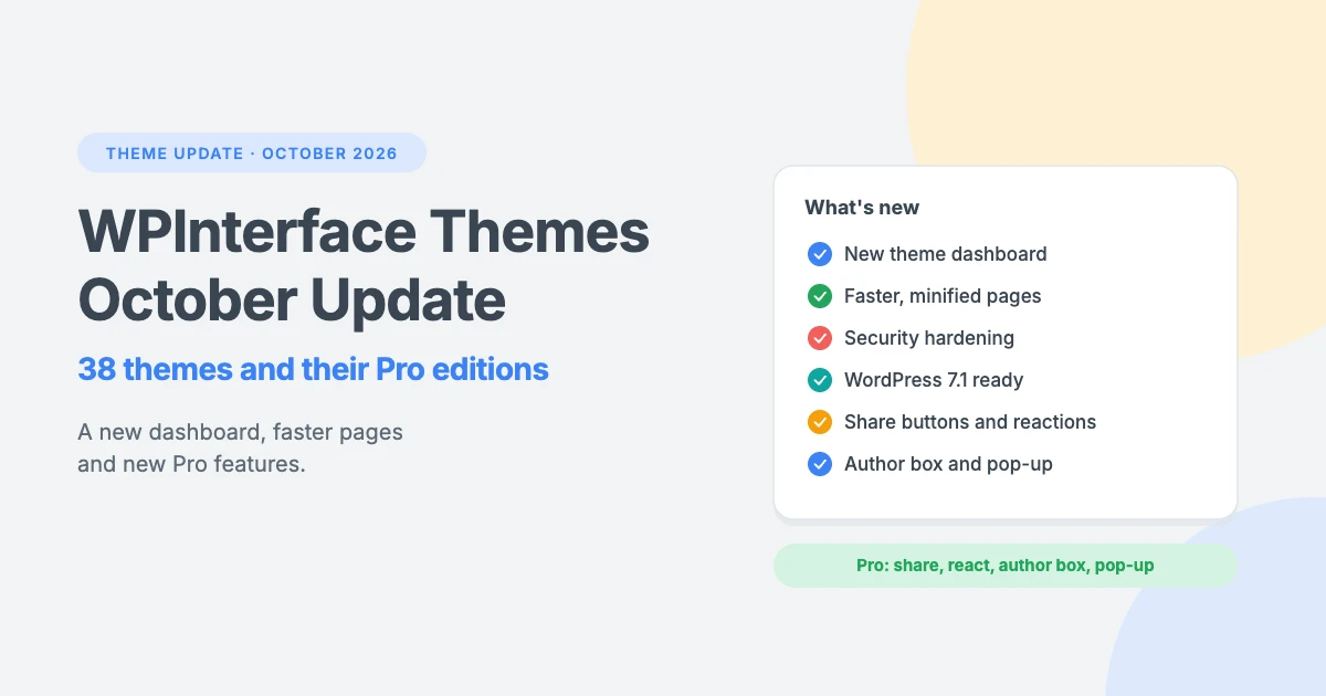 WPInterface themes October 2026 update: a new theme dashboard, faster pages, security hardening, WordPress 7.1 support and new Pro features