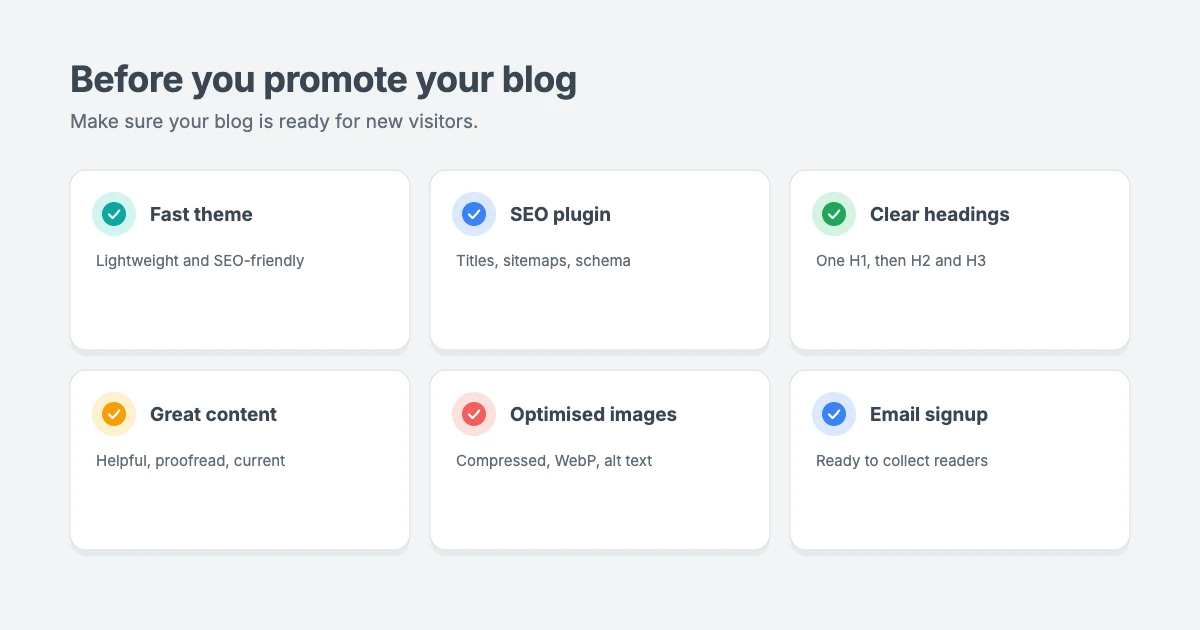 Checklist before you promote your blog: a fast SEO-friendly theme, an SEO plugin, clear headings, high-quality content, optimised images, a mobile-friendly design and an email signup form