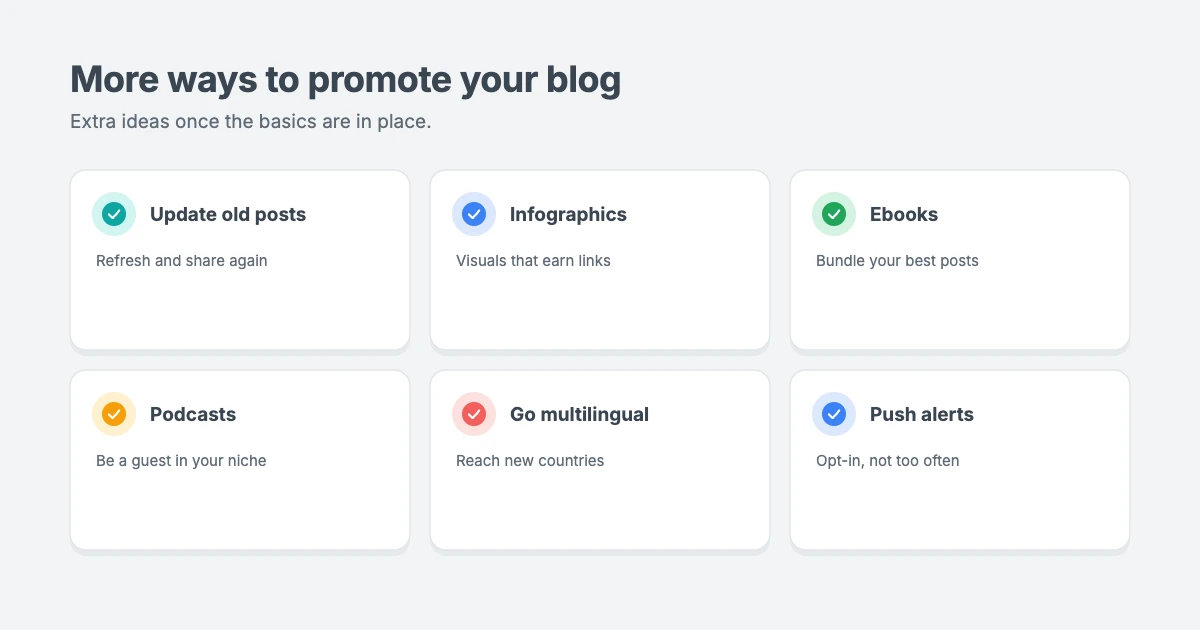 More ways to promote your blog: update old posts, create infographics and visuals, turn posts into an ebook, appear on podcasts, translate your blog and use push notifications