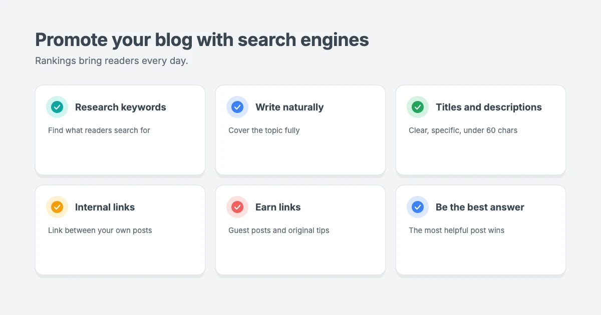How to promote your blog with search engines: research keywords, write helpful content, optimise titles and descriptions, link between your posts and earn links from other sites