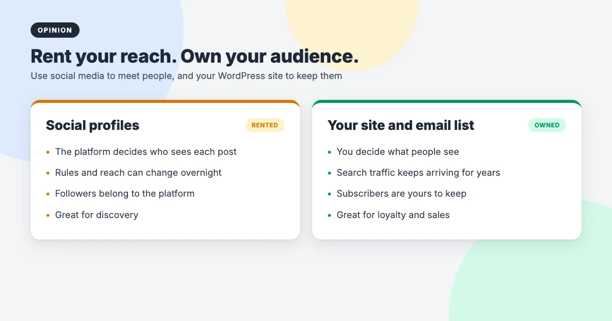 Rented reach on social profiles compared with an owned audience on your WordPress site and email list