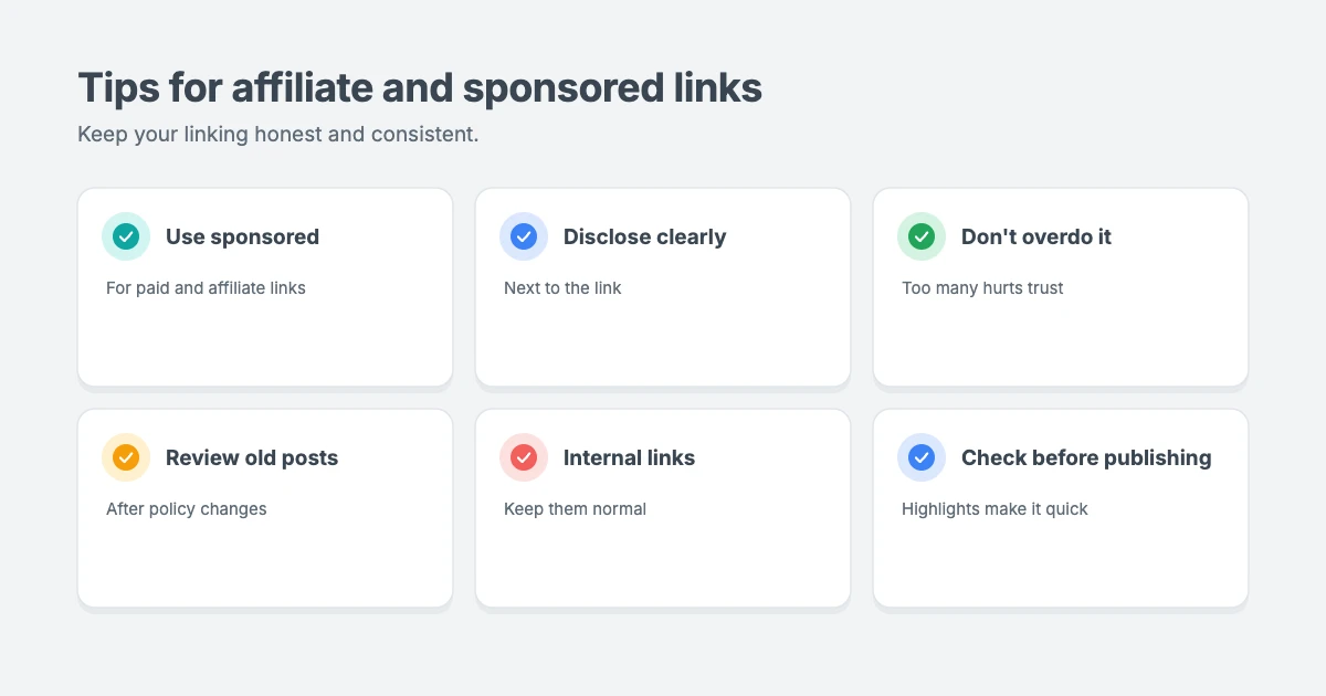 Tips for managing affiliate and sponsored links: use rel sponsored for paid links, add clear disclosures, avoid too many paid links, review old posts and keep internal links normal