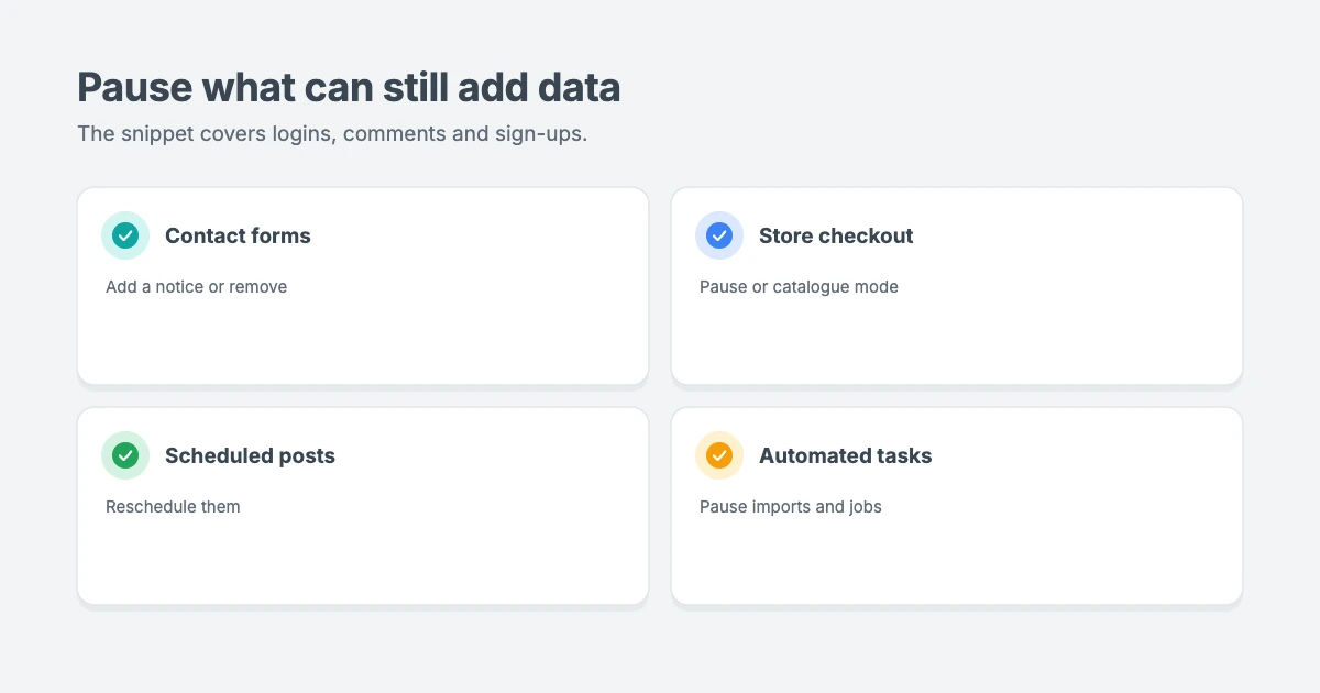 Before you freeze your WordPress site: pause contact forms, store checkout, scheduled posts and automated tasks that can still add data
