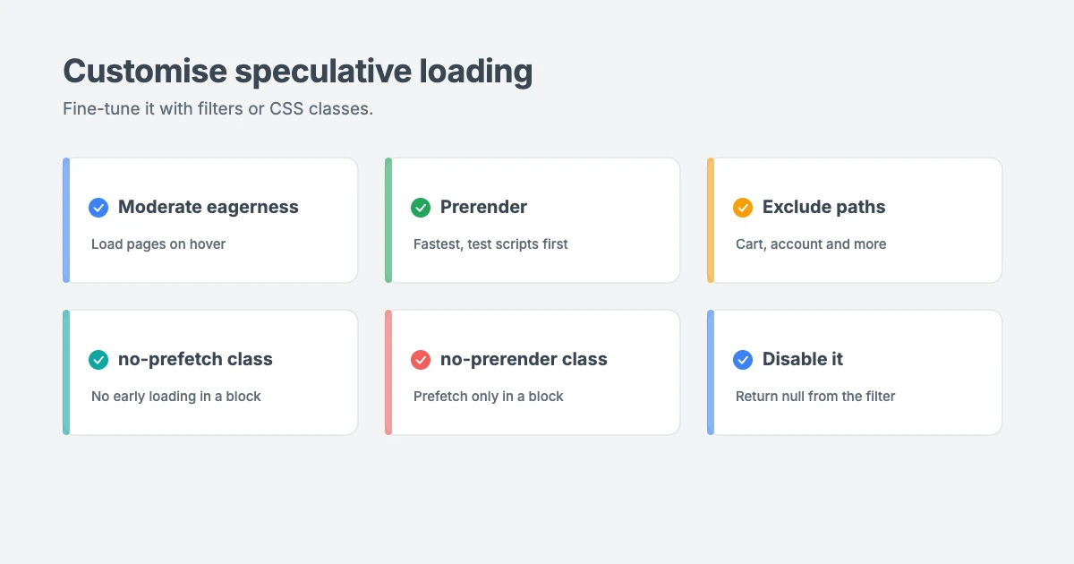 How to customise speculative loading in WordPress: change eagerness, switch to prerender, exclude paths with a filter or add the no-prefetch or no-prerender class to a block