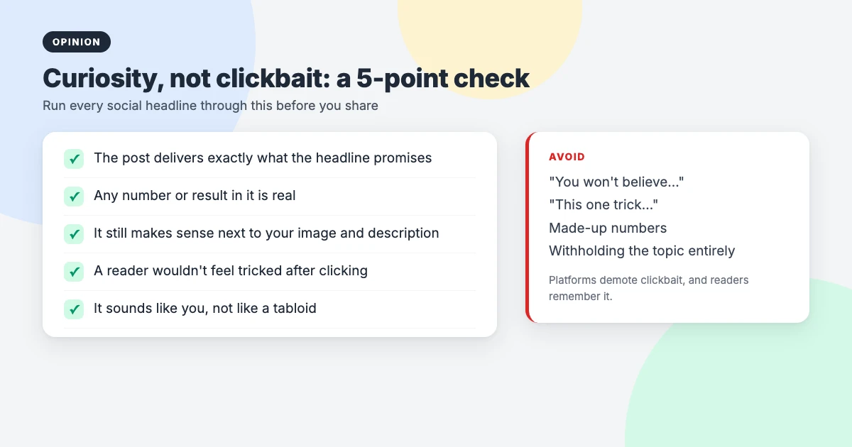 Five-point checklist to keep social media headlines honest, plus clickbait phrases to avoid