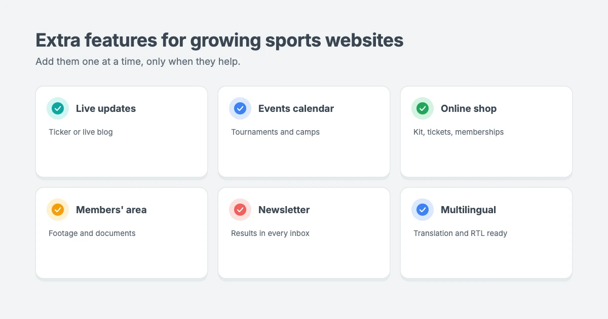 Extra features for a growing sports website: live score updates, an events calendar, online shop, member area, newsletter and multilingual support