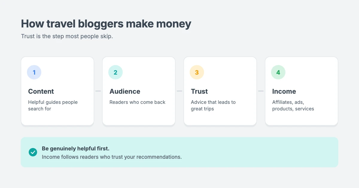 How to make money as a travel blogger: helpful content attracts readers, readers become a loyal audience, and trust turns into income from affiliates, ads, sponsorships, products and services