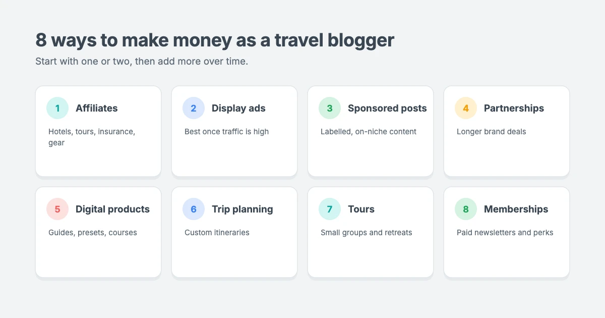 8 ways to make money as a travel blogger: affiliate marketing, display ads, sponsored posts, brand partnerships, digital products, travel planning services, tours and retreats, and memberships