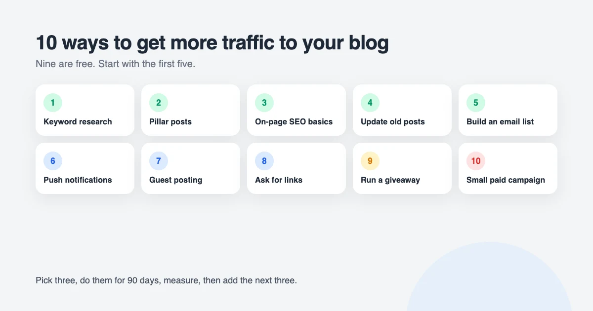 10 ways to get more traffic to your blog: keyword research, pillar posts, on-page SEO, updating old posts, an email list, push notifications, guest posting, link outreach, giveaways and a small paid campaign